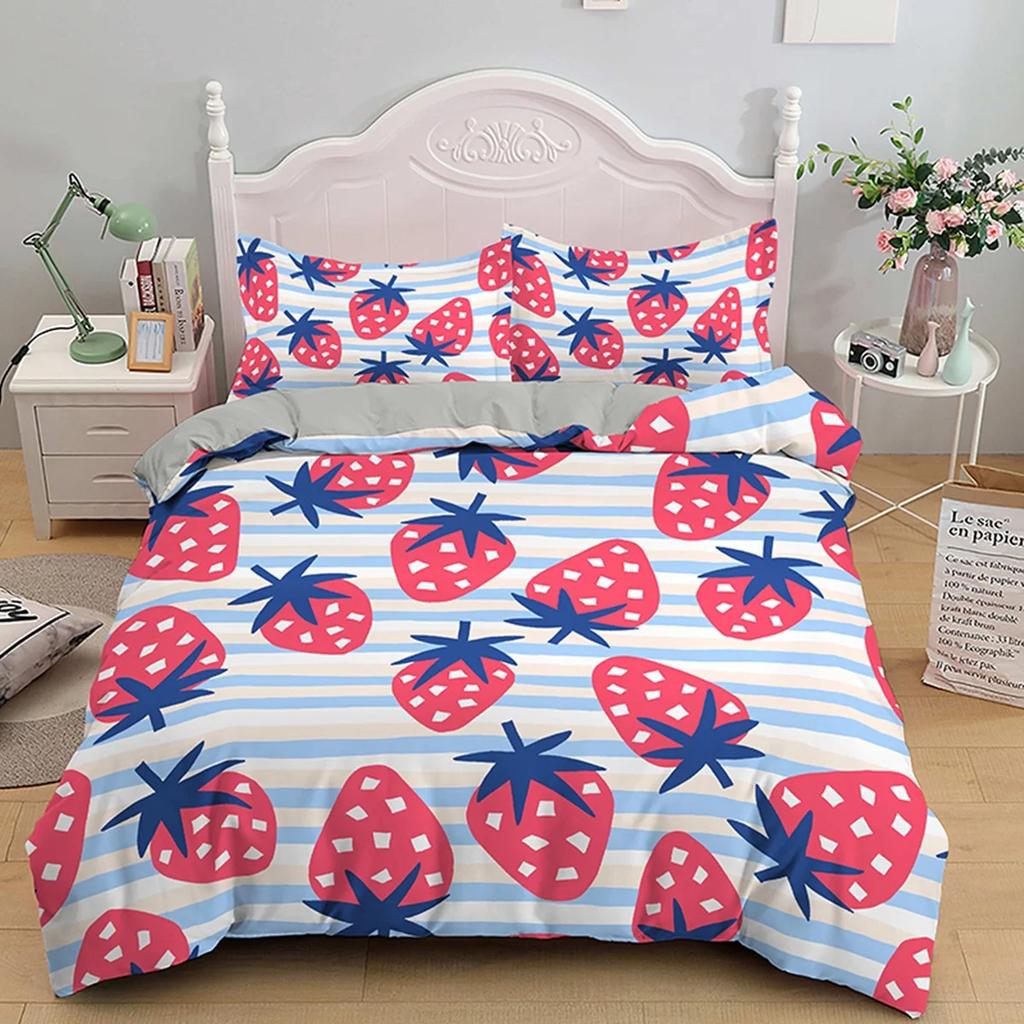 Strawberry Duvet Cover Set Cartoon Pink Fruit Print Comforter Cover Set for Boy Girl Teen Sweet Strawberry Room Decor Bedding