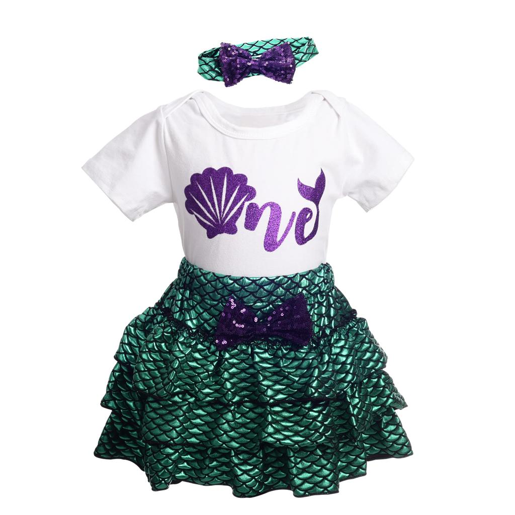 Baby Mädchen Strampler Meerjungfrau Kostüm Baby Outfit Ariel Prinzessin Kleid Halloween Kostüm mit Stirnband Größe Monate 60 [Dressy Daisy] 0-3