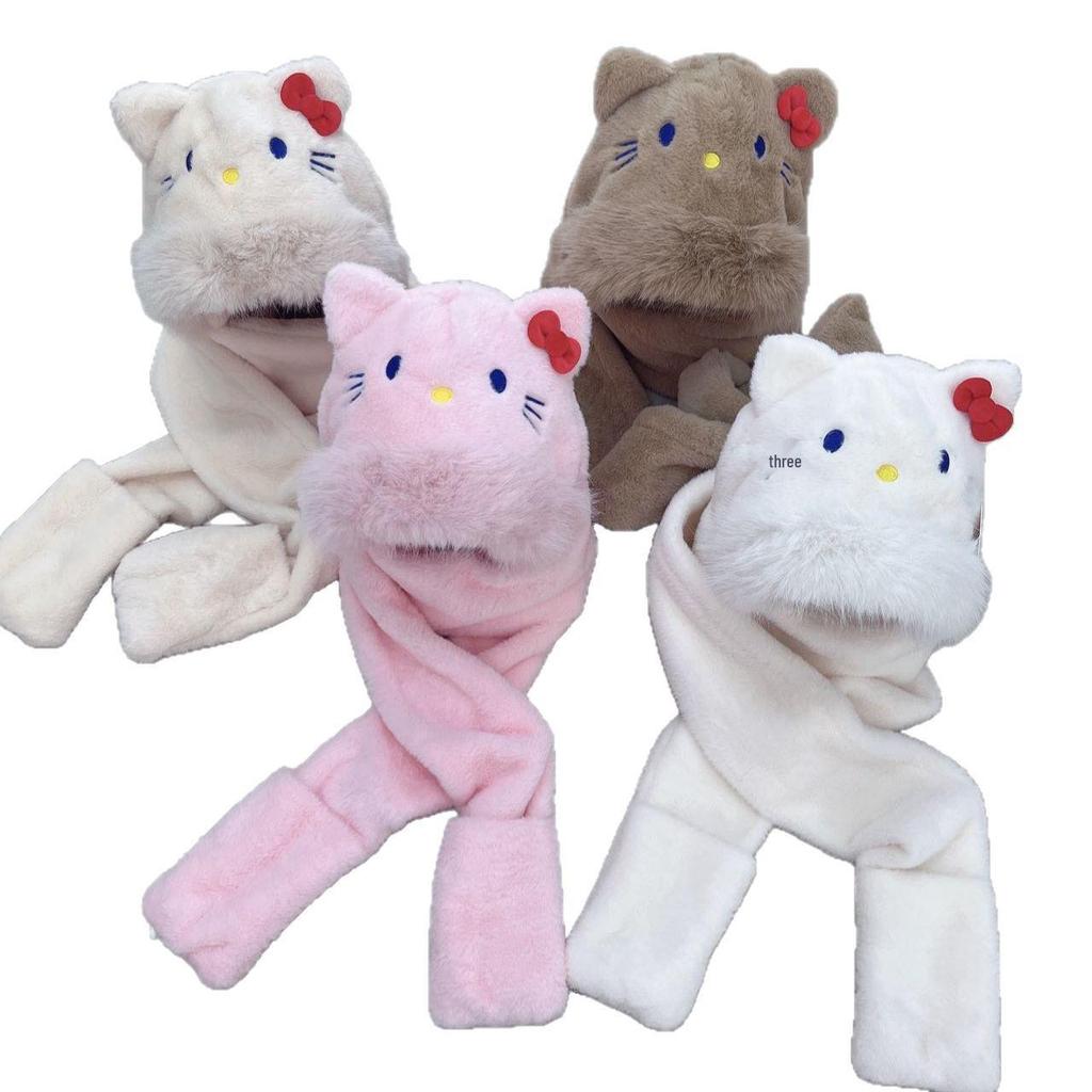 KT Cat Ears Plush Three-in-One Winter Set: Warm Hooded Scarf, Hat, and Gloves
