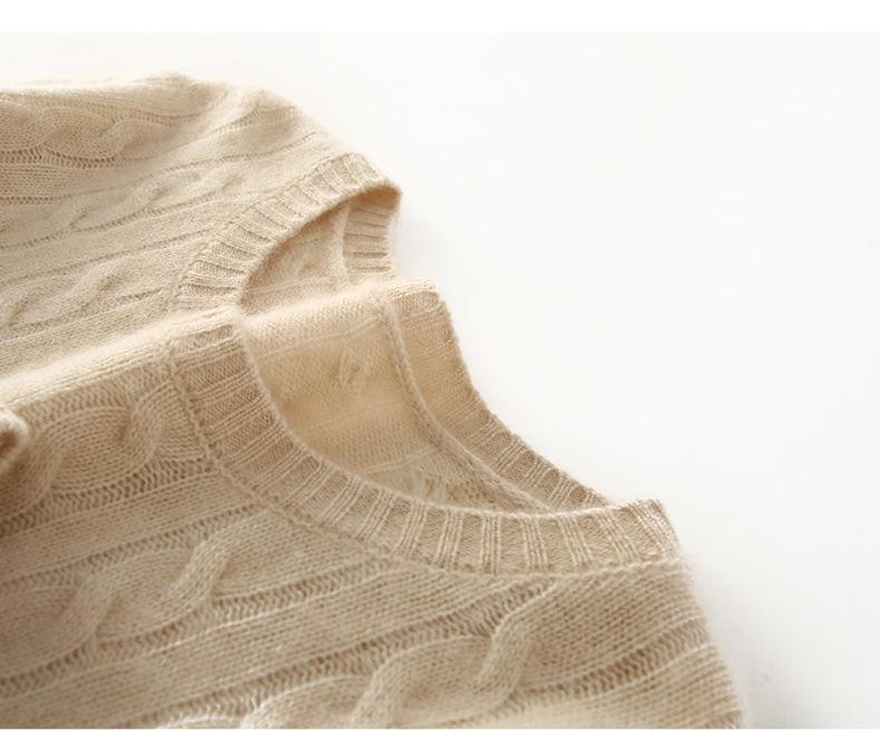Women's Retro Cable Knit Cashmere Pullover Sweater, Round Neck, Slim-Fit, Autumn/Winter 2024 Collection