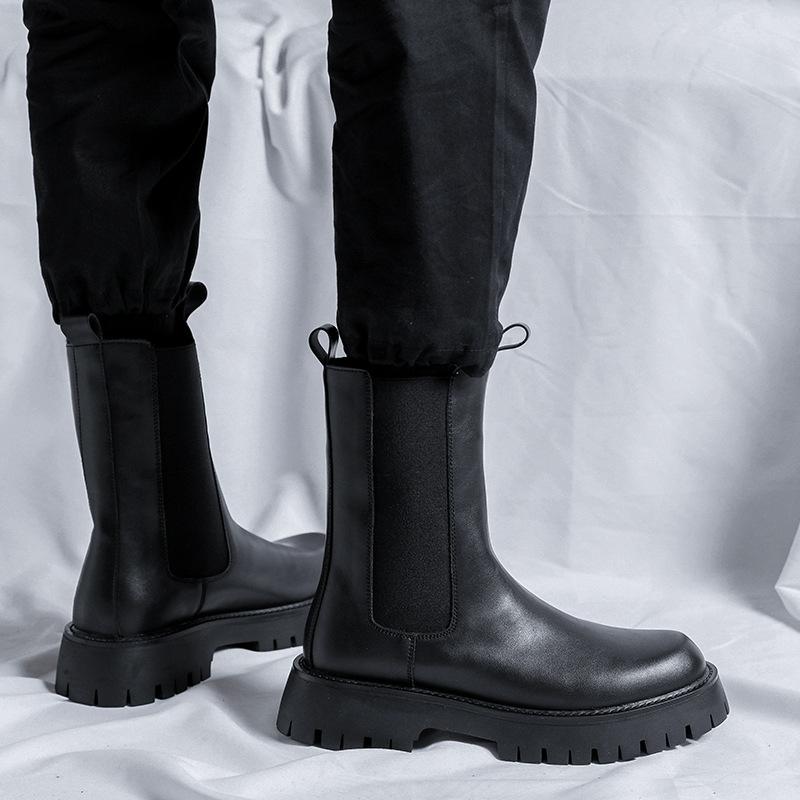England Stil Herrenstiefel schwarz Tide weiches Leder Plateauschuhe Bühne Nachtclub Kleid hohe Stiefel gutaussehend Chelsea lang botas mans
