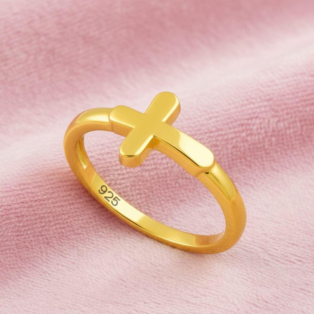 Pierścionek damski ze srebra sterlingowego 925 pozłacanego vermeil, z krzyżykiem ułożonym poziomo