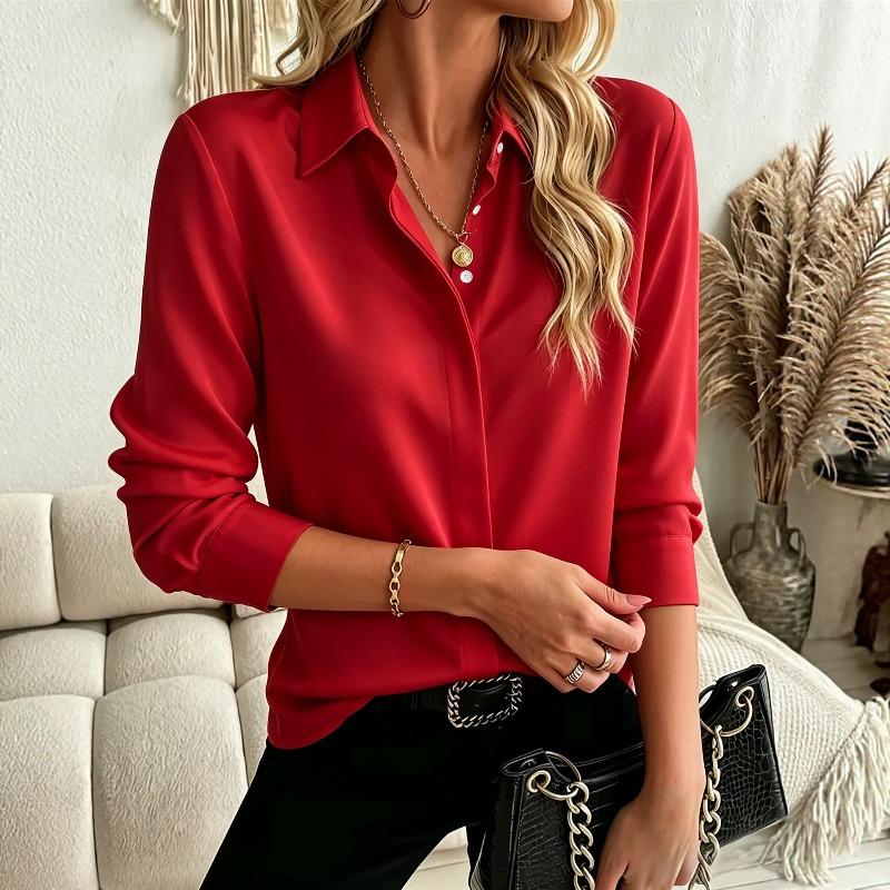 TIFICY Women's Fashion Casual Spring Autumn Solid Color Print Long Sleeve POLO Neck Blouses & Shirts