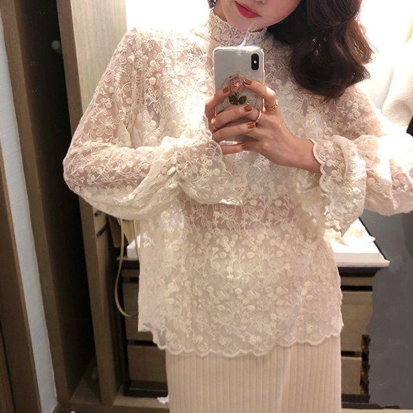 2026 Elegant Korean Style Women's Lace Mesh Top with Half-High Collar - Autumn/Winter Collection