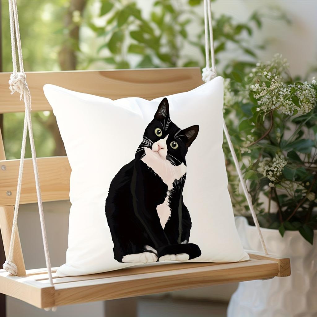Black Cat Realistic Print Peach Skin Velvet Pillow Cover, Contemporary Style Case For Car Sofa Living Room Decor No Insert