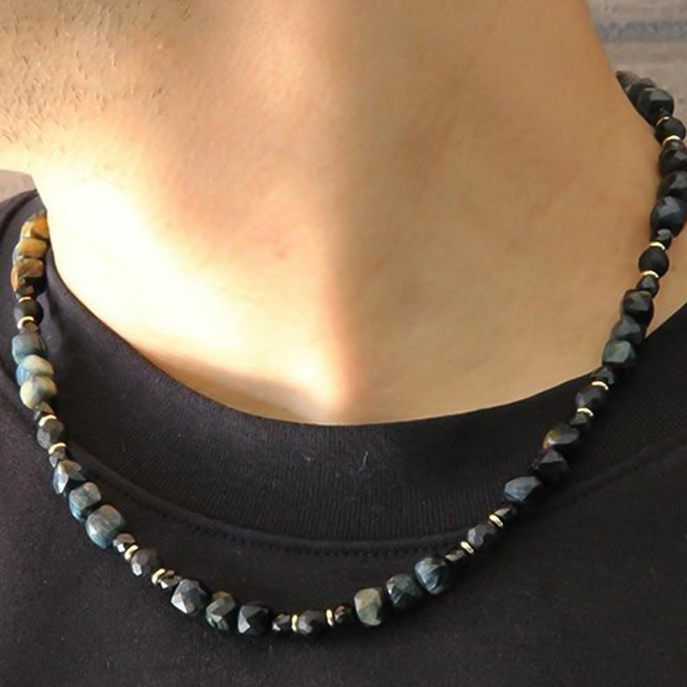 [Kolan Kolan] FORCE 5 Polyhedral Cube Necklace with Dark Blue Tiger Eye Negative Ion Relaxing Stone (Small, approx. 40cm)