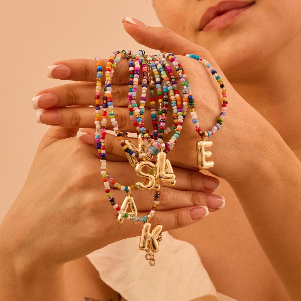 Bohemian Colorful Rice Bead Necklace with 26 Letters - Dopamine Style Jewelry