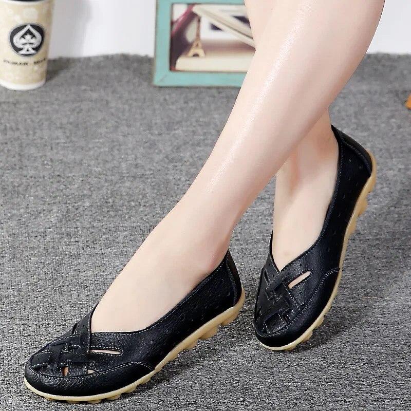 Novas sandálias femininas moda sola macia salto plano oco sapatos planos mulher sapatos de couro genuíno feminino casual 2024