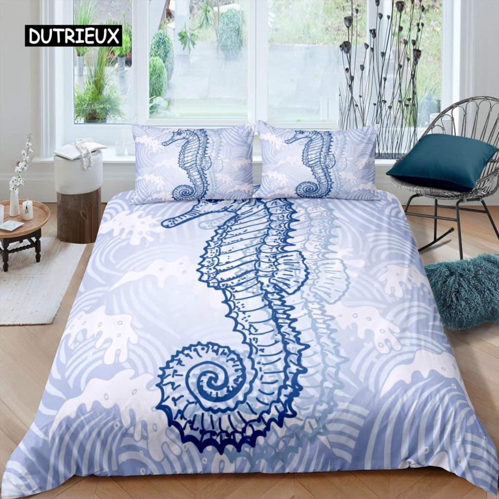 Seahorse Bedding Set Ocean Animal Duvet Cover Underwater World Orange Coral Marine Life Sea Urchin Soft Women Kid Bedroom Decor