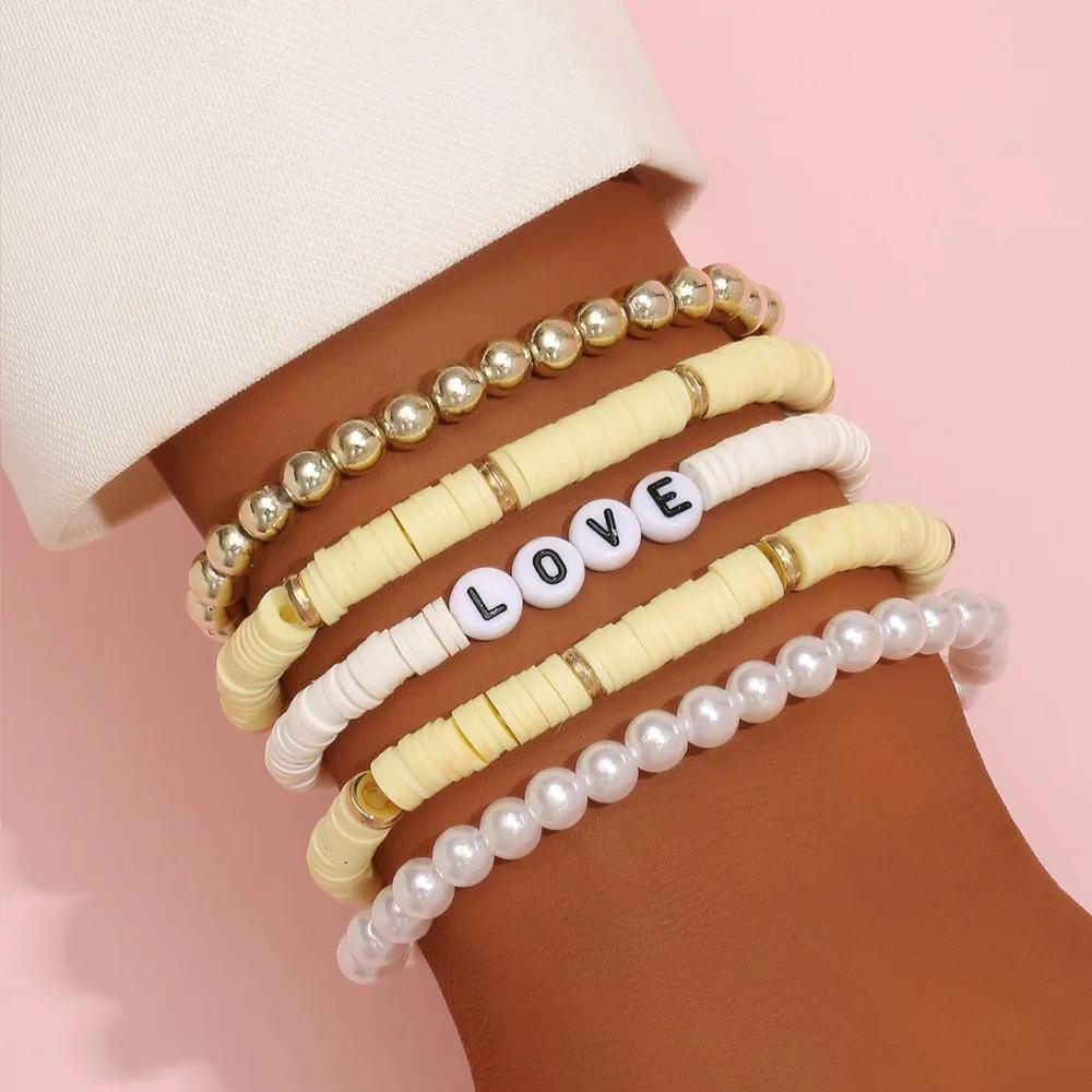 Bohemian Rainbow Stackable Bracelets Set For Women Heart Charm Soft Clay Pottery Layering Beads Chain Bangle Female Boho Jewelry