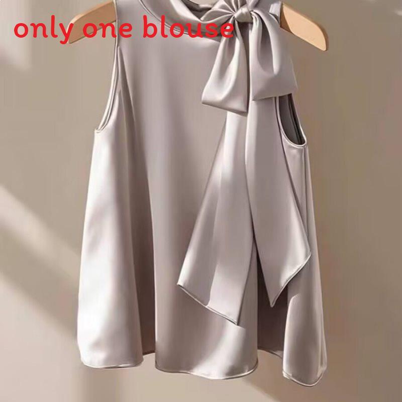 Französische Champagnerfarbene ärmellose Satinbluse mit Schleife für den sommerlichen Freizeitlook