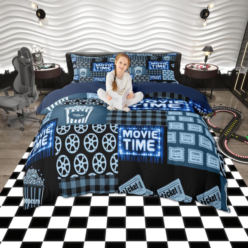 Homewish Vintage Cinema Duvet Cover Set, Movie Tine Print Bedding Set, Retro Film Popcorn Bedroom Set, Room Decor