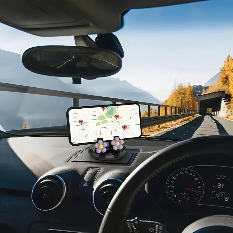 360° Rotating Car Phone Holder with Floral Design ABS Non-Slip Dashboard Mount & Office Home Stand Universal for All Smartphones