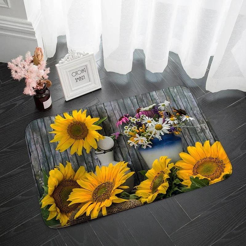 Sunflower Print Home Entrance Door Mat Non-slip Living Room Bathroom Kitchen Rug Washable Hallway Tracks Wood Floor Carpet