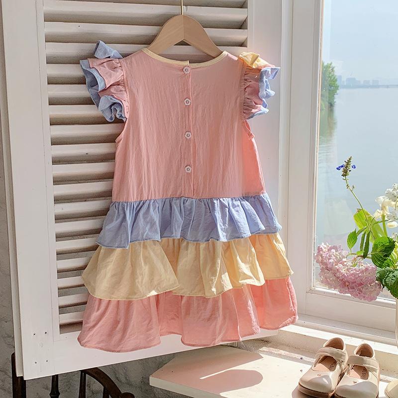 Girls Summer Rainbow Flutter Sleeve Dress Tiered Ruffle Bow Princess Party Dress Cute Children Clothing