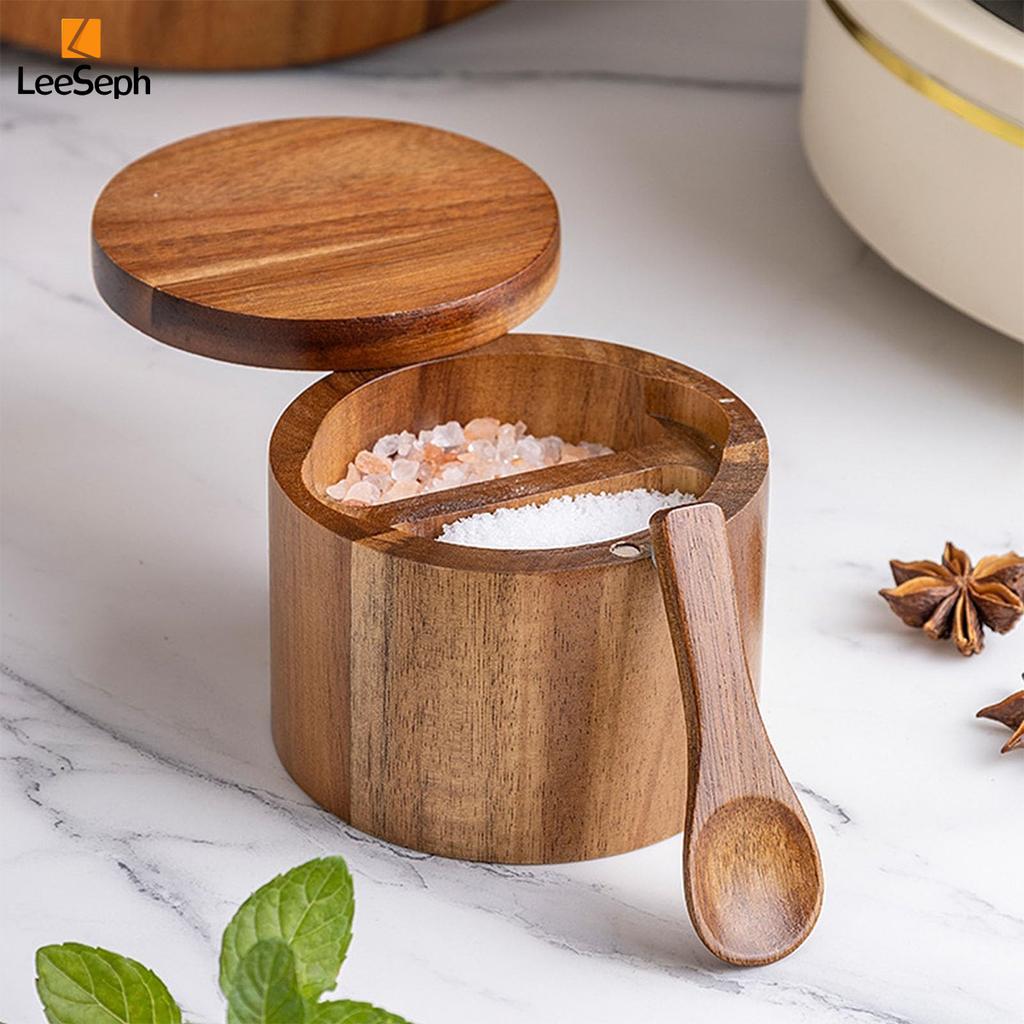 Acacia Wood Salt and Pepper Cellar with Magnetic Swivel Lid and Wood Spoon, Seasonings Container Holder for Spices Sugar Pepper