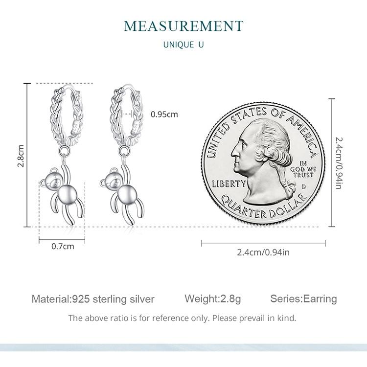 Bamoer 925 Sterling Silver Braided Texture Twisted Ear Buckles Silver Bear Drop Earrings for Women Christmas Gift Jewelry