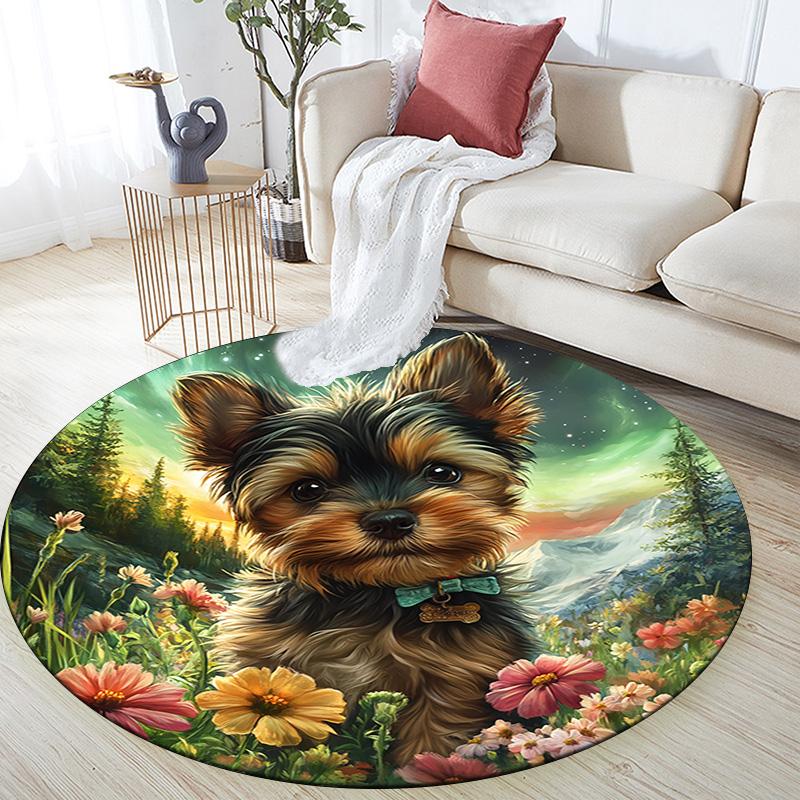 Yorkshire Terrier Round Area Rug,Carpet Rug for Living Room Bedroom Sofa Playroom Decor,Non-slip Floor Mat