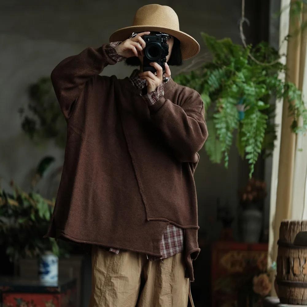 Johnature Women Vintage Pullover Sweaters Solid Color Irregular Patchwork O-Neck Long Sleeve Knitted Autumn Winter Sweaters