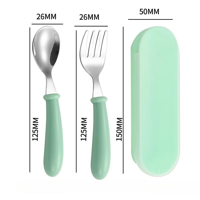 Stainless Steel Children's Spoon and Fork Set, Three-Piece Set Baby Tableware Maternity Gift Round Handle Spoon and Fork
