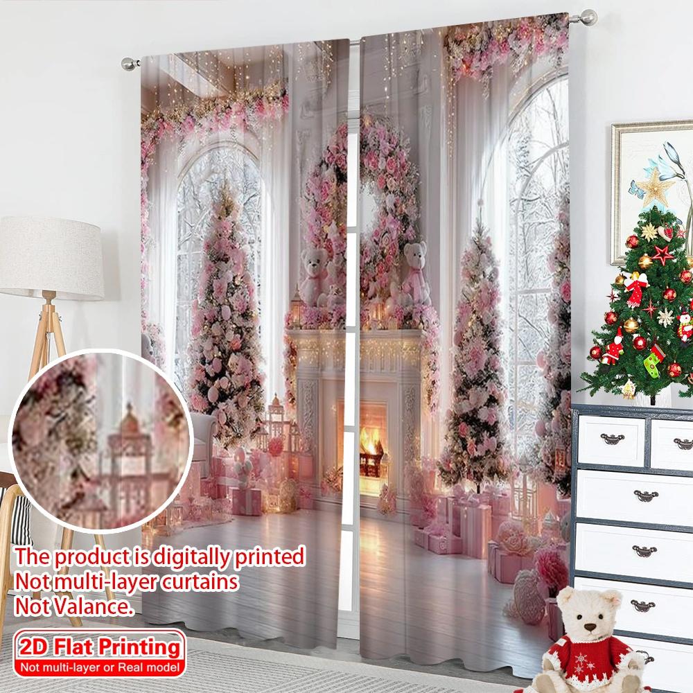 2pcs 2D flat printing Christmas Drapes Pink fireplace Machine Washable Fabric Without Electricity Spring Party & Holiday Decor