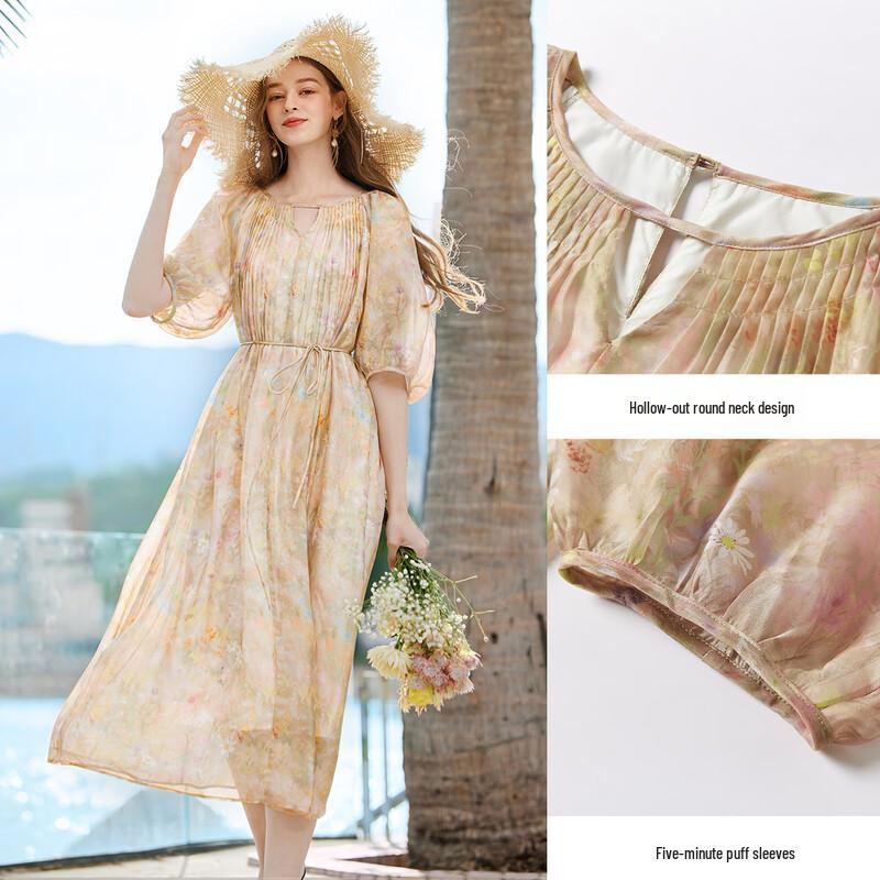 Xiangying French Floral Puff Sleeve Midi Dress