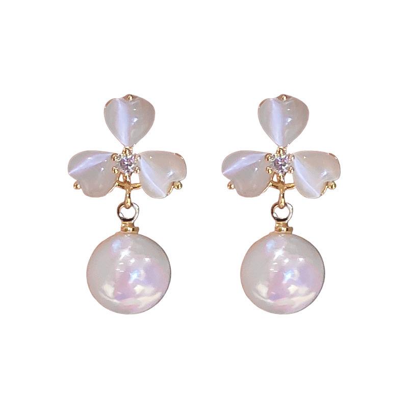 Korean Fashion Pearl & Cat's Eye Silver Flower Stud Earrings