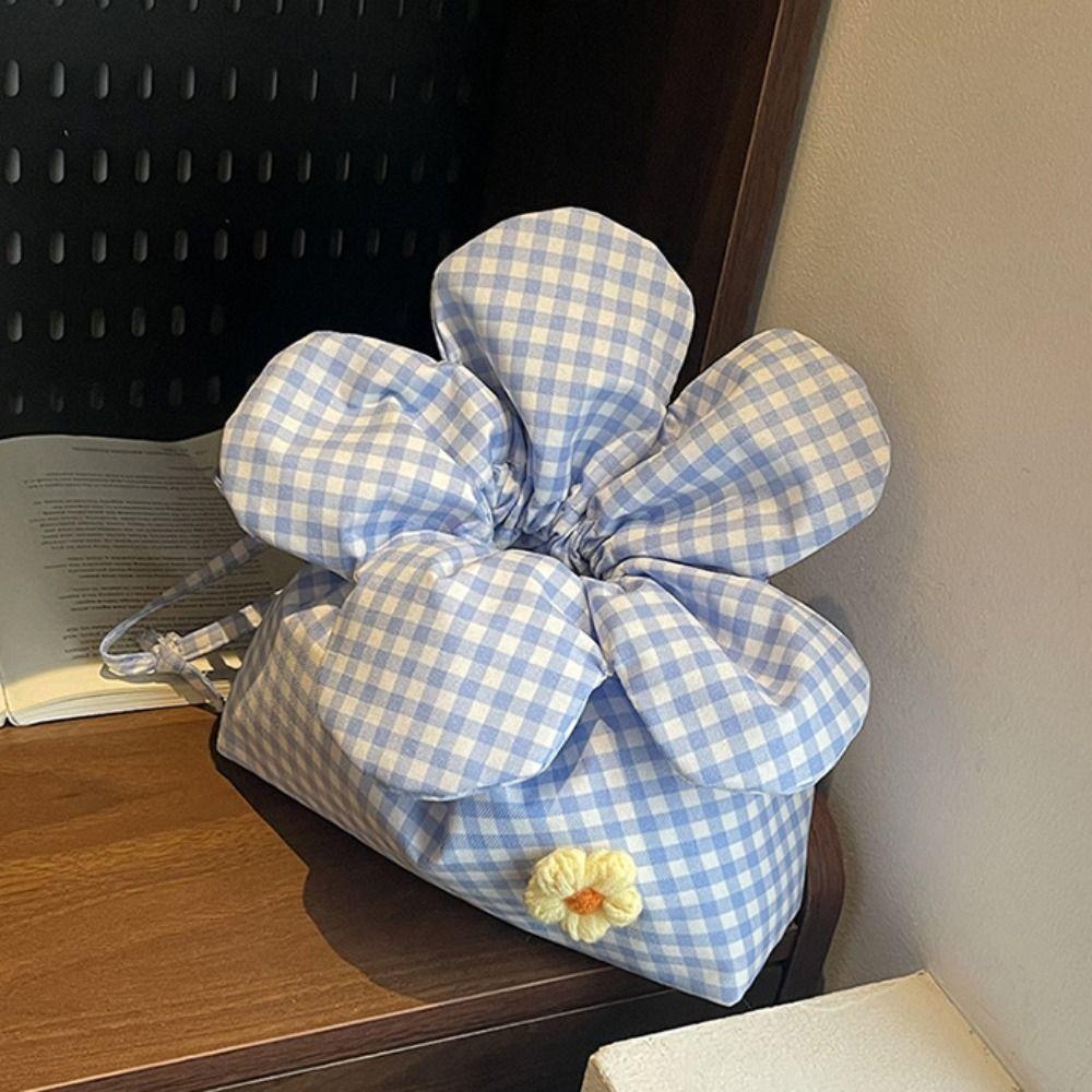 Korean Style Plaid Drawstring Bag Cute Shoulder Bags Casual Flower Handbag  Women