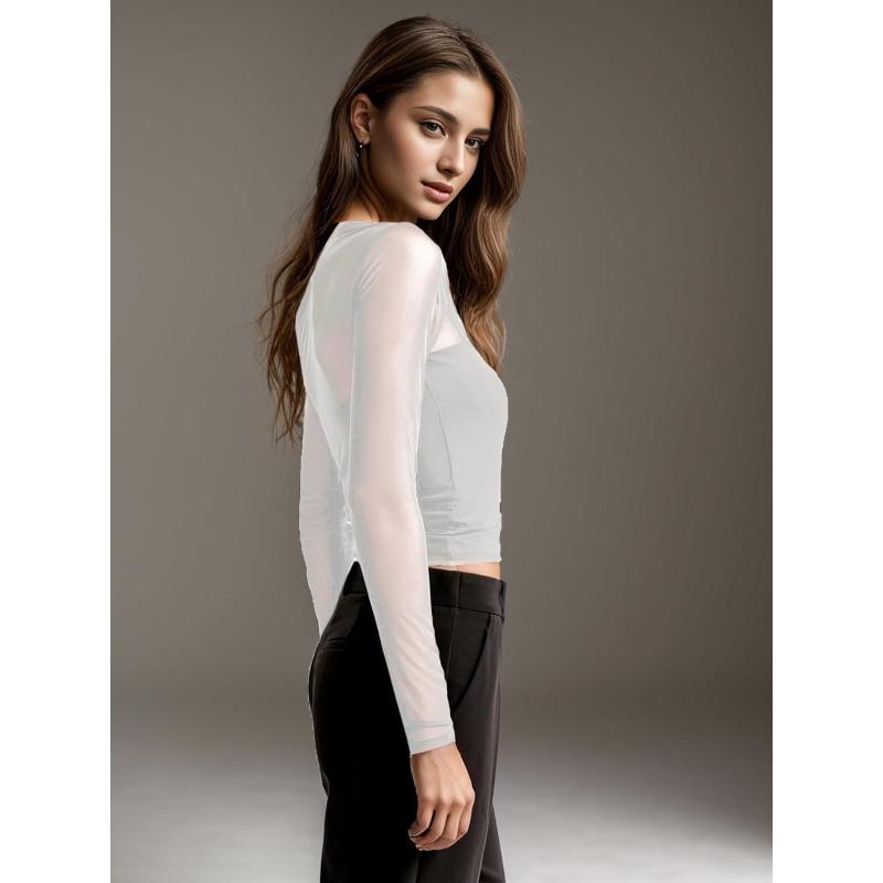 Women Sexy Slanted Shoulder Sheer Mesh Slim Fit Long Sleeve Base T Shirt