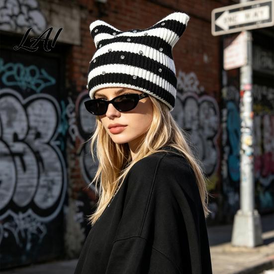 Contrast Color Striped Hat Cat Ear for Women Girls Slouchy Crochet Headgear Fashionable Streetwear Headwear with Shiny Rhinestones Cute Winter Warm