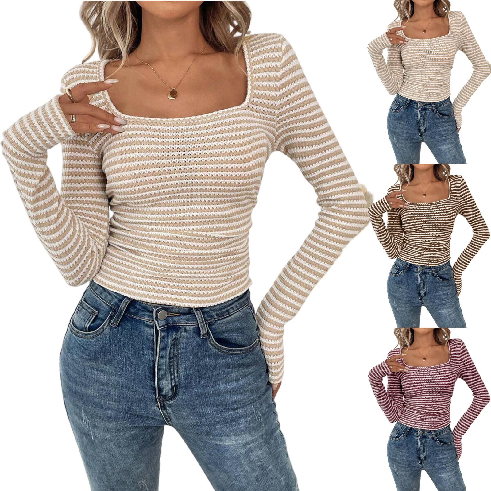 

Women s Casual Fashion Square Neck Pullover Slim Fit Knitted Long Sleeve Bottoming Shirt M бежевий
