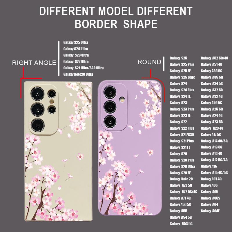 Peach Blossom Patterned Silicone Phone Case For Samsung Galaxy A17 A56 A36 A55 A16 A15 5G A35 A54 A26 A14 Soft TPU Lanyard Cover