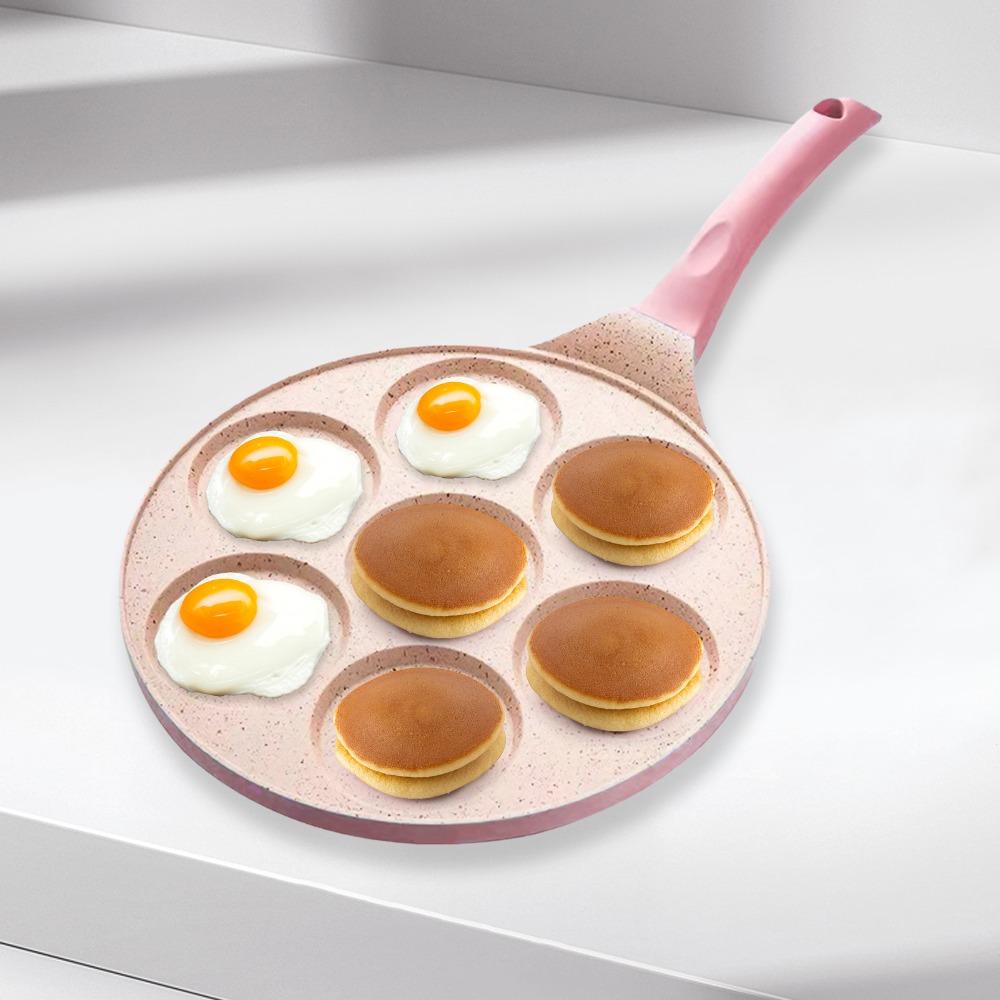 7-Hole Design Egg Frying Pan Black Beige Pink Blue Red Crepe Pan Breakfast Cooking