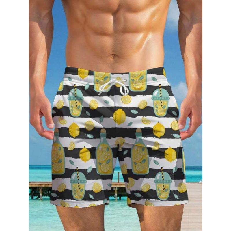 Men's Lemon Striped Print Board Shorts Quick Dry Beach Swim Trunks
