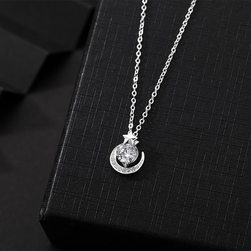 S999 Sterling Silver Star and Moon Zircon Necklace - Elegant Light Luxury Design for Women