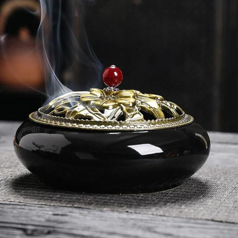 Porcelánový Držák na Vonné Tyčinky Černé Santalové Dřevo Dutý Vzor Květiny Aroma Hořák Kadidelnice Domácí Dekorace