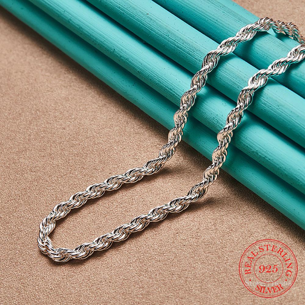 4MM Width!! Real 100% 925 Sterling Silver Men Rope Chain Fashion Unisex Party Wedding Gift Silver 925 Chain Necklace Men Jewelry