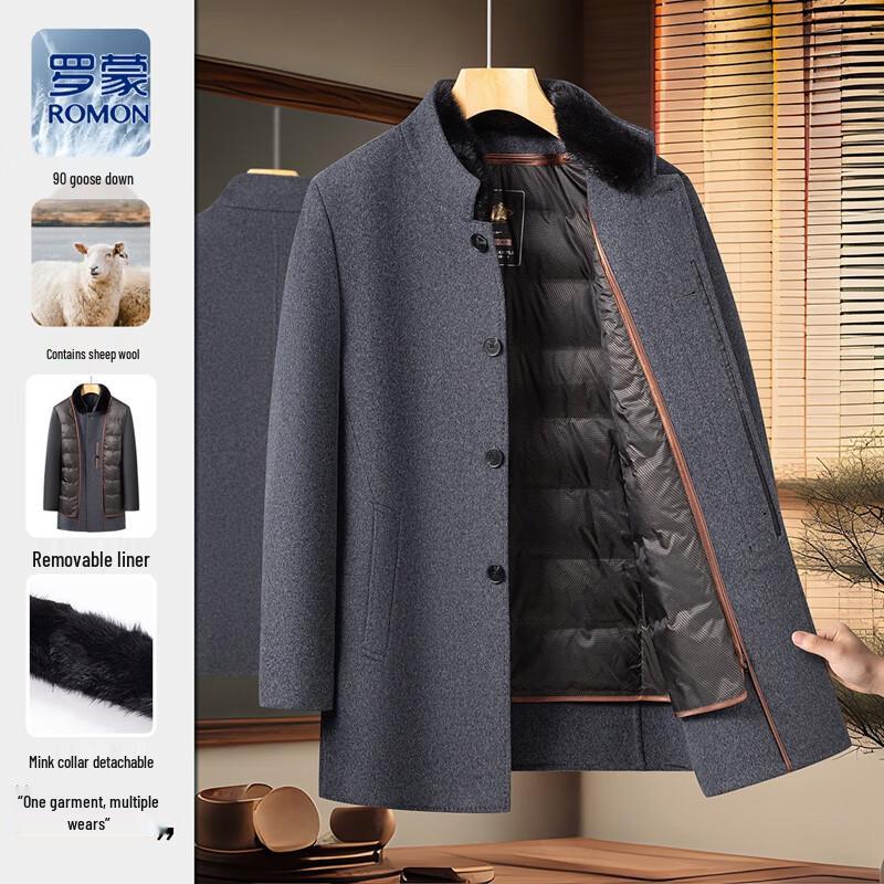ROMON Men's Wool Blend Mid-Length Overcoat with Detachable Down Liner