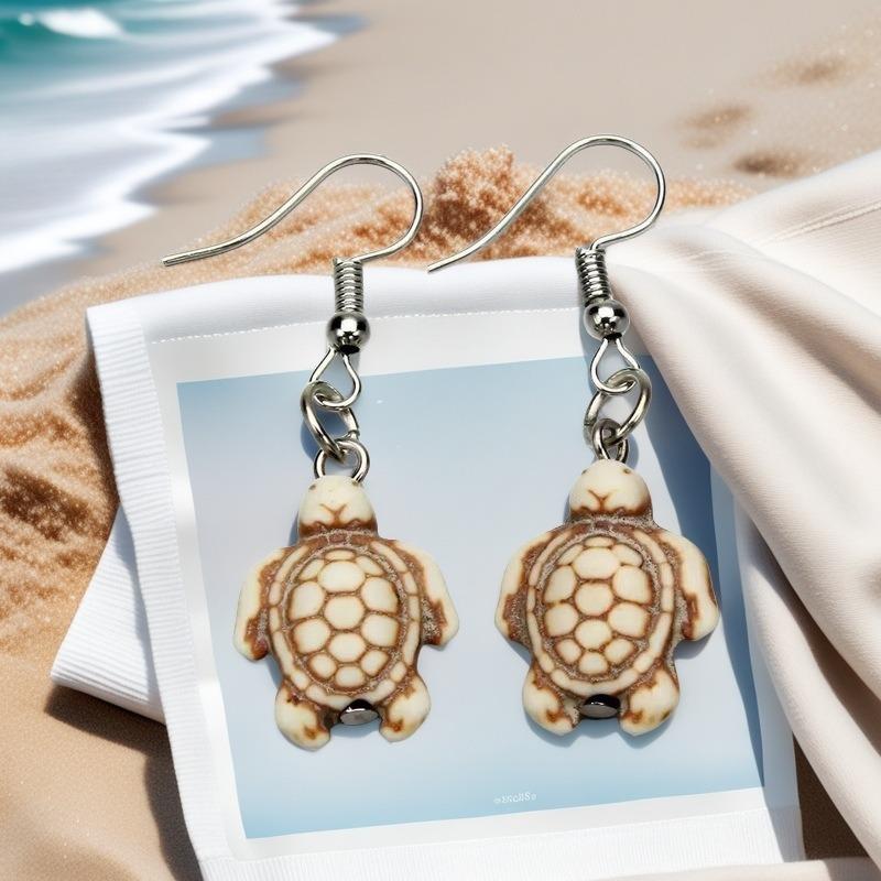 Ear Pendants with Ethnic Style, Retro Turtle Greenstone Turquoise Ear Pendants, Textured Stone Earrings