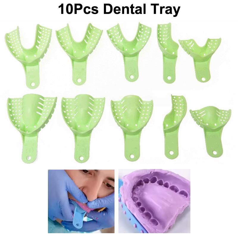 10 Stück Dental Abdrucklöffel Abdrucknetz Kunststoffmaterialien Dental Abdrucklöffel Volle Größe Grün Blau Laborwerkzeuge