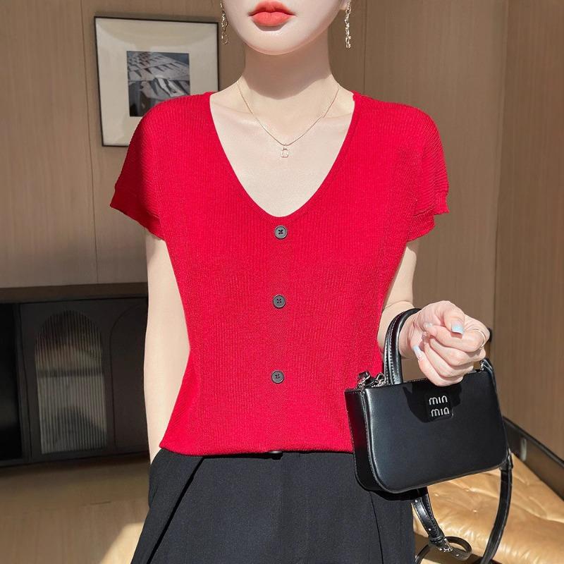 Short-sleeved V-neck Plus-size Women's T-shirt Summer Form-fitting Topsimple Base Layer