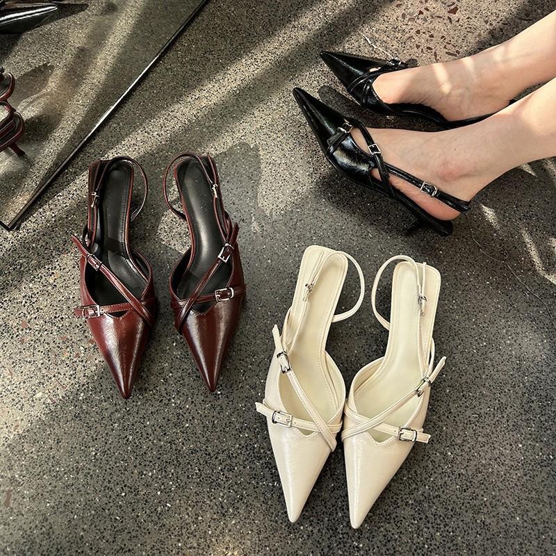 

2025 spring new French pointed CP bag head sandals women s thin heel belt buckle fairy wind low heel single shoes women 39 бордовий