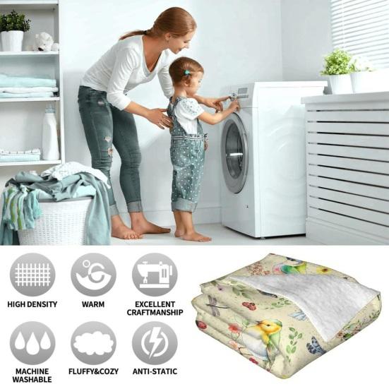 Flower And Bird Blanket Soft Flannel Hummingbird Throw Blanket Washable Cozy Floral Blanket for Adults Kids Couch Bed