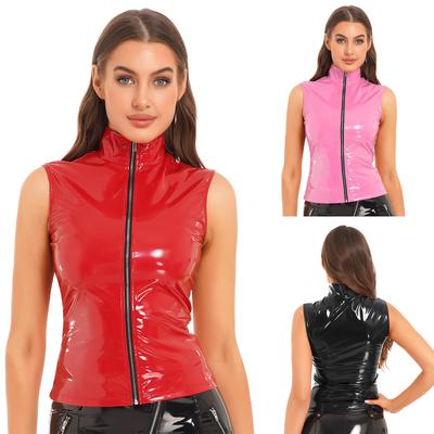 Giacca da Donna alla Moda Senza Maniche con Zip S-5XL: Top Gilet in Pelle Verniciata Effetto Bagnato con Collo Alto per Clubwear Serate Fuori