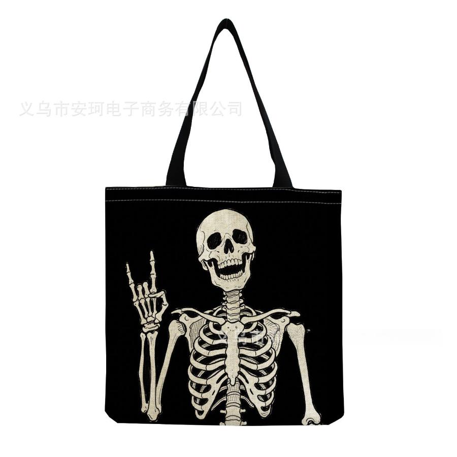 Women Vintage Linen Tote Bag - Large Capacity Skeleton Print Shoulder Handbag for Casual & Grocery Shopping KTB
