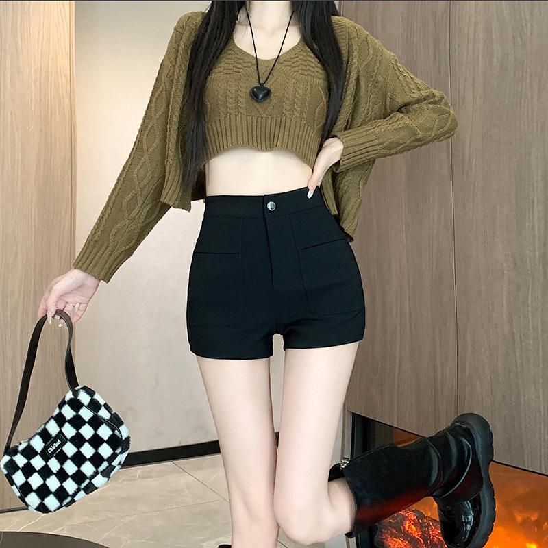 

2024 Новые женские шорты с высокой посадкой, черные, утягивающие, эластичные - Осень/Зима, Маленький размер XL чёрный