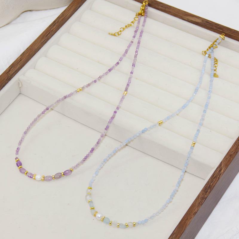 Frühlings-/Sommer-Süßwasserperlen- & Aquamarin-Kristall-Amethyst-Halskette - Perfekt für Studenten & beste Freunde
