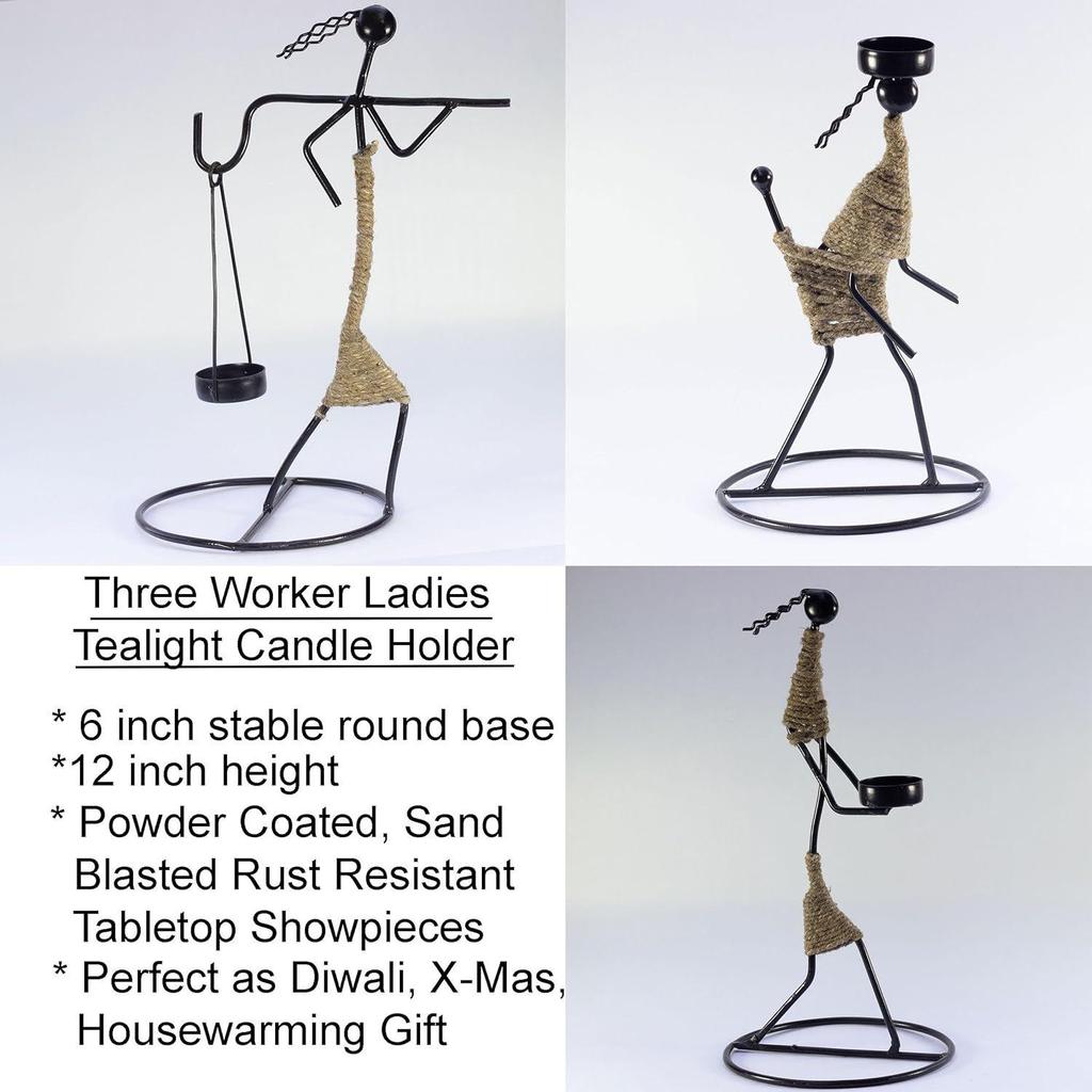 Eisen Teelichthalter Set – Handgefertigte Metallfiguren mit Juteschnur, 30 cm – Dekorative Kerzenhalter für Zuhause, Festivals und Geschenke