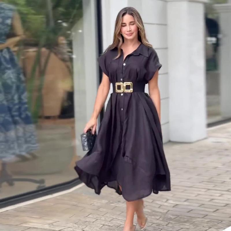 

Летнее женское повседневное однотонное платье-рубашка на одной пуговице L чёрный