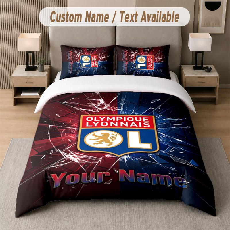 Custom Bedding Set Lyon FC Pattern, Print Name Text 1 Duvet Cover plus 2 Pillowcases Home Textile
